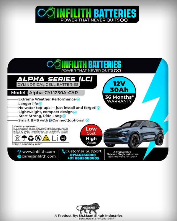 Infilith 12v 30Ah Lithium Car Battery (Alpha-CYL1230A-CAR) – High Performance & Instant Start. - Image 2