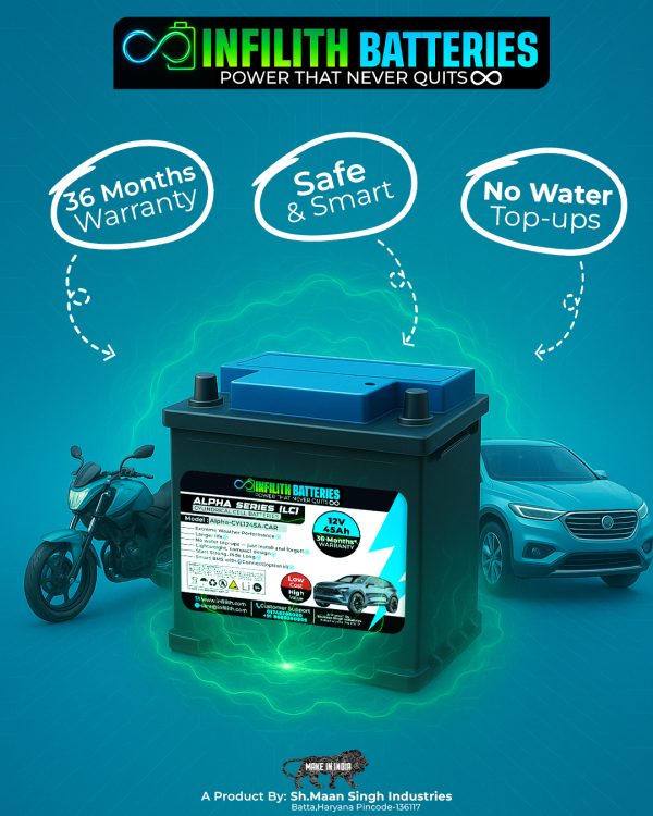 Infilith 12v 45Ah Lithium Car Battery (Alpha-CYL1245A-CAR) – High Performance & Instant Start.