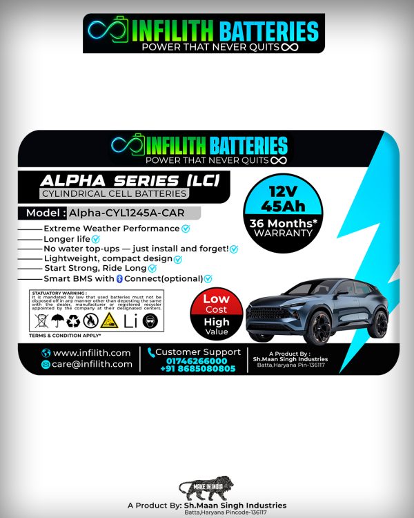 Infilith 12v 45Ah Lithium Car Battery (Alpha-CYL1245A-CAR) – High Performance & Instant Start. - Image 2