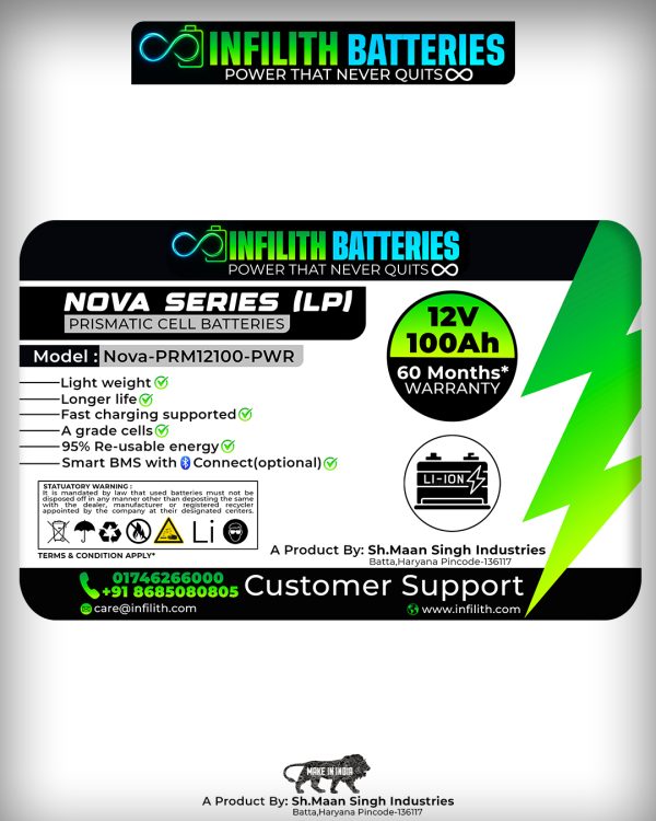 Infilith 12v 100Ah Lithium Battery (NOVA-PRM12100-PWR) For Home Inverter – Long Life, Fast Charging, Lightweight - Image 2
