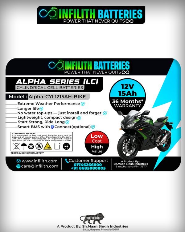 Infilith 12v 15Ah Lithium Bike Battery (Alpha-CYL1215AH-Bike) For Sports Bike 600cc Above – High Performance & Instant Start. - Image 2